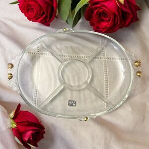 Vintage Mikasa Glass Serving Dish – Clear Glass with Goldtone Accents – 16 Inch